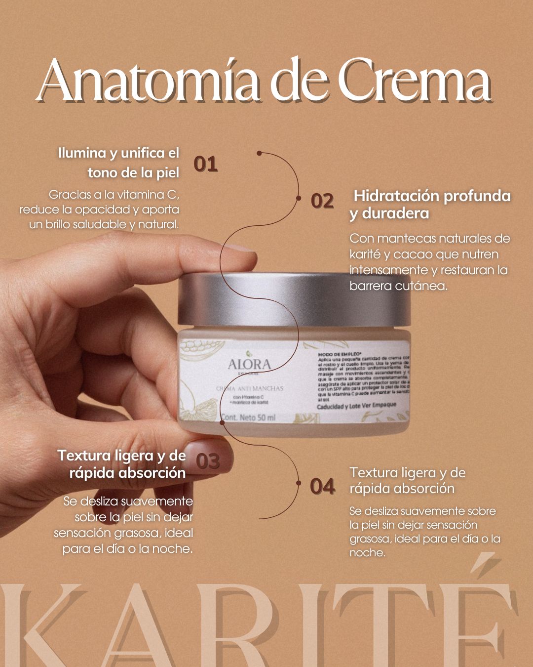 Crema Facial con Vitamina C y Aloe Vera Alora – Hidratante Antiedad para Rostro – Con Manteca de Karité, Aceite de Coco y Girasol – Ilumina, Suaviza y Protege la Piel – Ingredientes Naturales – Hecho en México - Para Todo Tipo de Piel