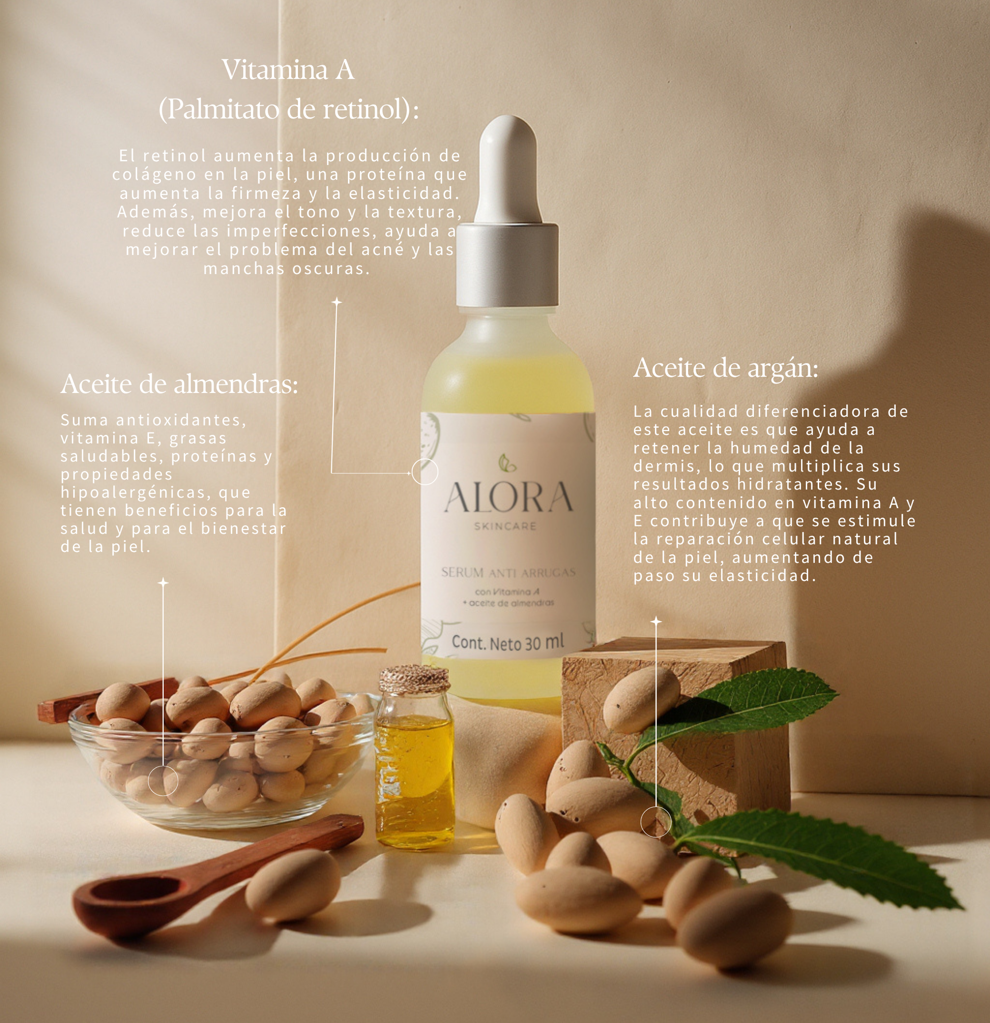 Alora Skincare Sérum Facial con Retinol, Argán y Lavanda – Antiarrugas, Nutritivo y Reafirmante – Suero Nocturno Natural – Hecho en México – Para Todo Tipo de Piel – 30 ml