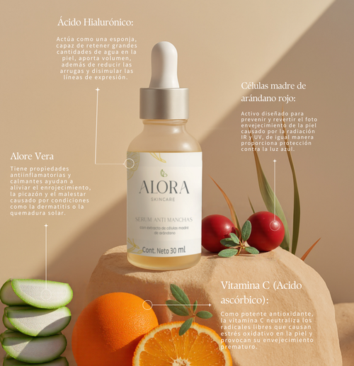 Alora Skincare Sérum Facial Vitamina C con Ácido Hialurónico y Células Madre de Arándano – Anti Manchas, Hidratante e Iluminador – Natural, Hecho en México – Para Todo Tipo de Piel – 30 ml